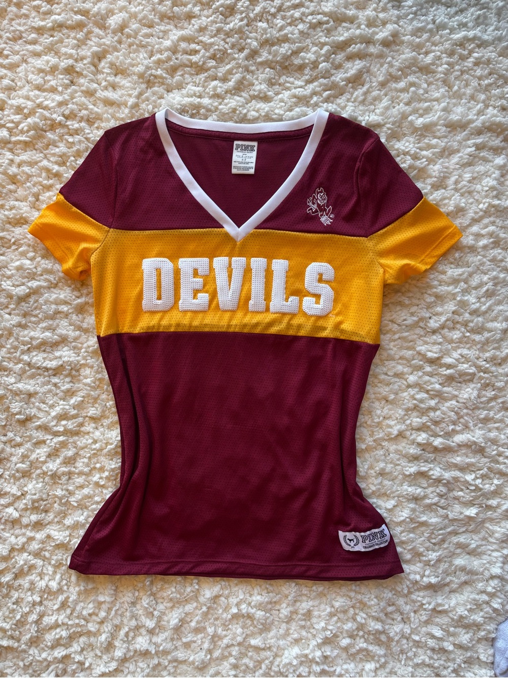 PINK Victoria's Secret DEVILS V-Neck Colorblock Jersey - Maroon & Gold